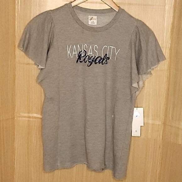 GIII For Her Kansas City Royals MLB Grey Blue Sequin Flutter Sleeve Top Large - Picture 1 of 10